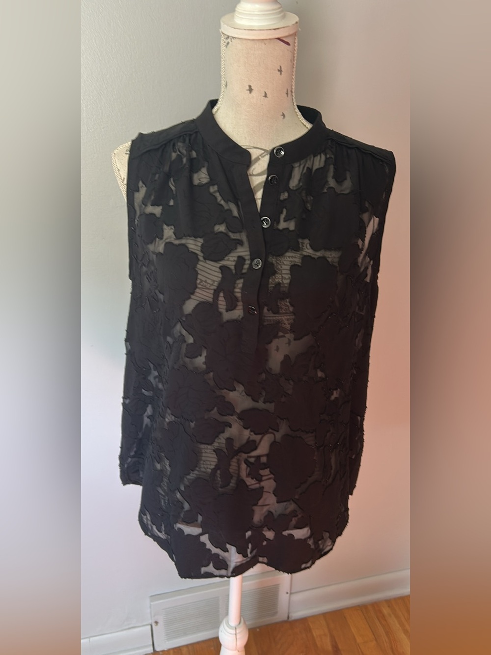 Black Sheer Floral Button-Front Blouse by Cabi